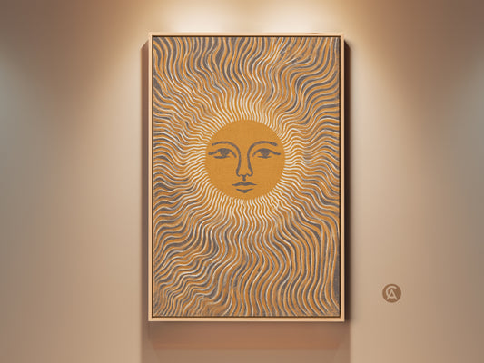 Framed Abstract Sun Face art print with wavy lines. The Mustard Yellow and Gray tones embody a Boho Minimalist style. This celestial artwork adds warmth to any room. A perfect housewarming gift. It brings modern abstract art to any living space.