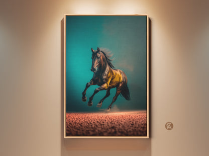 A dynamic running horse canvas art print. This equestrian wildlife wall decor features a contemporary animal artwork. It has warm brown and gold accents set against a teal background. A great gift for horse lovers. Enhance your bedroom with this stunning nature-inspired wall hanging. The artwork brings energy and natural beauty to interiors.