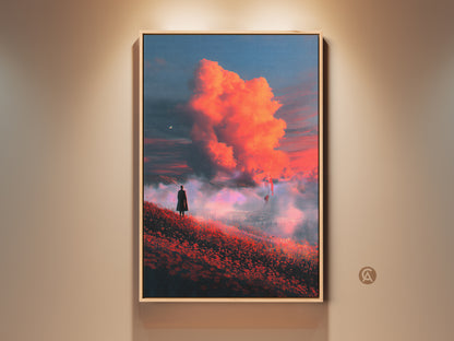 Surreal landscape art print featuring a lone figure. The figure is gazing at a fiery orange and crimson cloudscape. This fantasy art canvas adds an eclectic touch to bedroom decor. The artwork evokes dreamscapes and introspection. A unique wall art print for any living space.