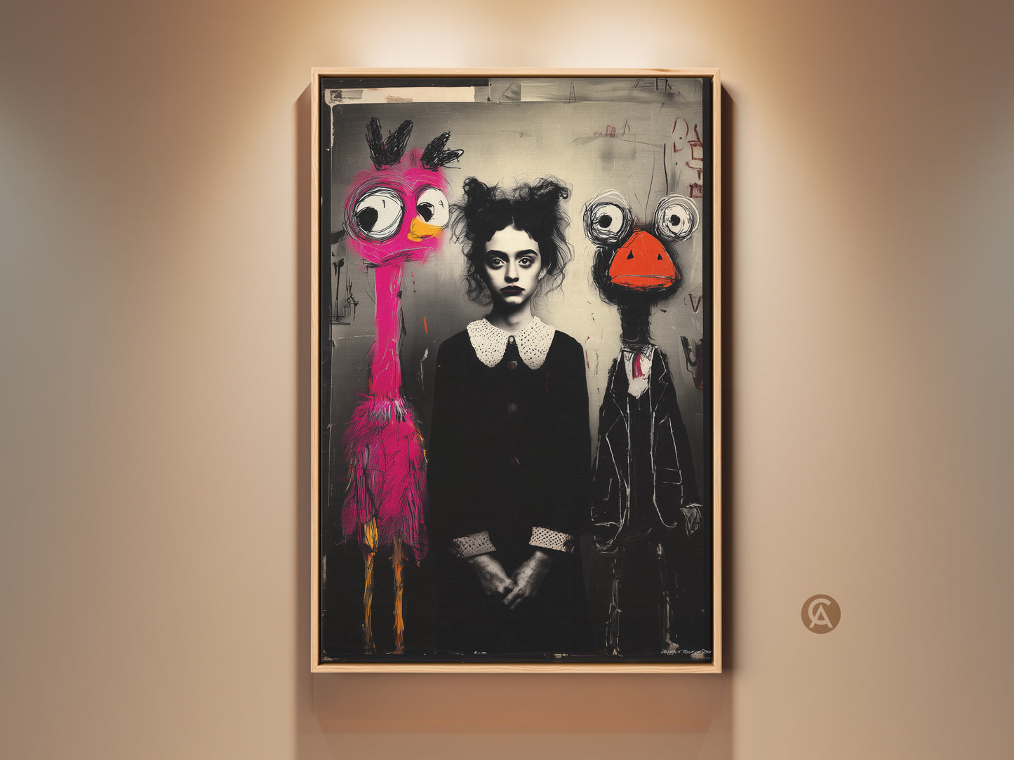 Eclectic wall art featuring a surreal pink flamingo and ostrich character. A central figure is featured in black and white. This whimsical artwork is perfect for adding a unique touch to a bedroom. The black white and pink color palette creates a striking visual impact. It is a captivating conversation starter for art enthusiasts.