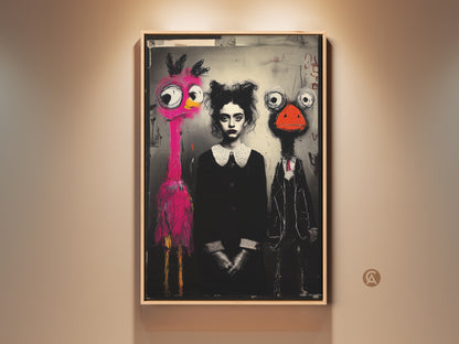 Eclectic wall art featuring a surreal pink flamingo and ostrich character. A central figure is featured in black and white. This whimsical artwork is perfect for adding a unique touch to a bedroom. The black white and pink color palette creates a striking visual impact. It is a captivating conversation starter for art enthusiasts.