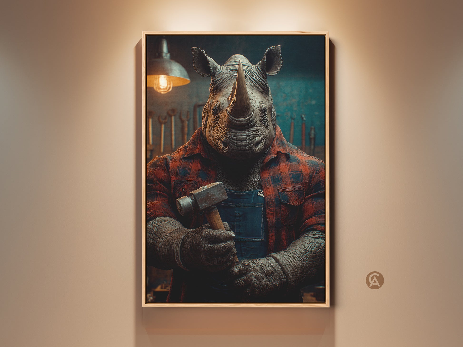 Rhino mechanic artwork canvas print. Industrial garage decor for the DIY enthusiast. This surrealism artwork features a rhino in a red plaid shirt and blue overalls holding a hammer. A unique workshop man cave art piece. Perfect as a Father's Day gift or custom animal canvas.