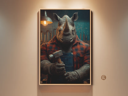 Rhino mechanic artwork canvas print. Industrial garage decor for the DIY enthusiast. This surrealism artwork features a rhino in a red plaid shirt and blue overalls holding a hammer. A unique workshop man cave art piece. Perfect as a Father's Day gift or custom animal canvas.