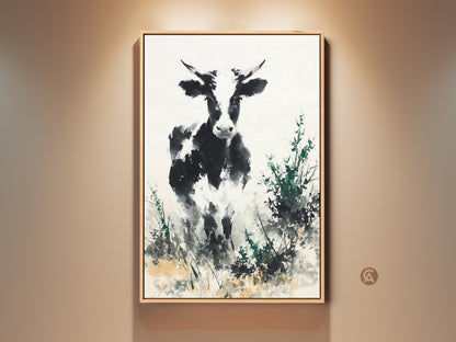 Framed artwork featuring a black and white cow in a field. This animal art is ready to hang. The painting has a contemporary style. The artwork is displayed in a living space. Consider this art for your home decor