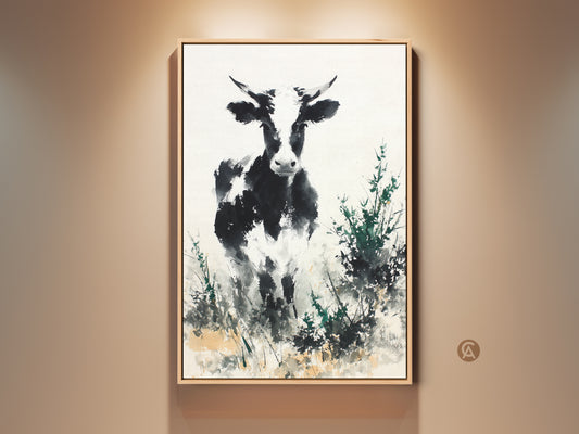 Framed artwork featuring a black and white cow in a field. This animal art is ready to hang. The painting has a contemporary style. The artwork is displayed in a living space. Consider this art for your home decor