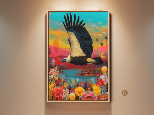 Framed colorful vulture art print. See the tropical wildlife landscape on canvas. This wall art adds an eclectic nature decor touch. Perfect gift for bird lovers who appreciate tropical floral wildlife art.