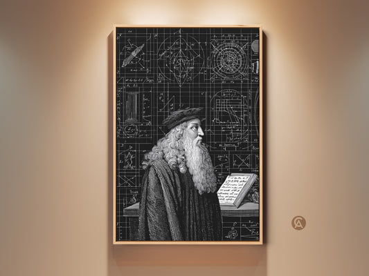 Framed Da Vinci Blueprint Canvas Print. This vintage technical drawing art features Leonardo da Vinci in black and white. It is a historical science poster perfect for an office or study. This eclectic artwork adds an intellectual touch. A great art history wall hanging.