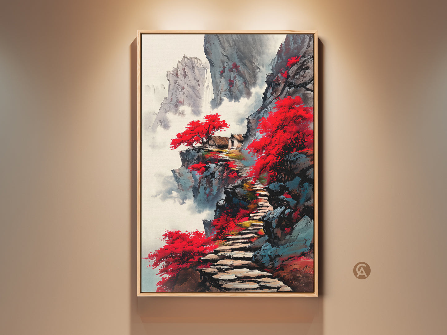 Framed red mountain pagoda art print displayed in a room. This traditional Asian landscape painting features a Japandi style. The artwork is a stunning housewarming gift idea. It captures a serene oriental scene.