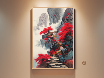 Framed red mountain pagoda art print displayed in a room. This traditional Asian landscape painting features a Japandi style. The artwork is a stunning housewarming gift idea. It captures a serene oriental scene.