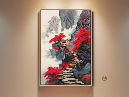 Framed red mountain pagoda art print displayed in a room. This traditional Asian landscape painting features a Japandi style. The artwork is a stunning housewarming gift idea. It captures a serene oriental scene.