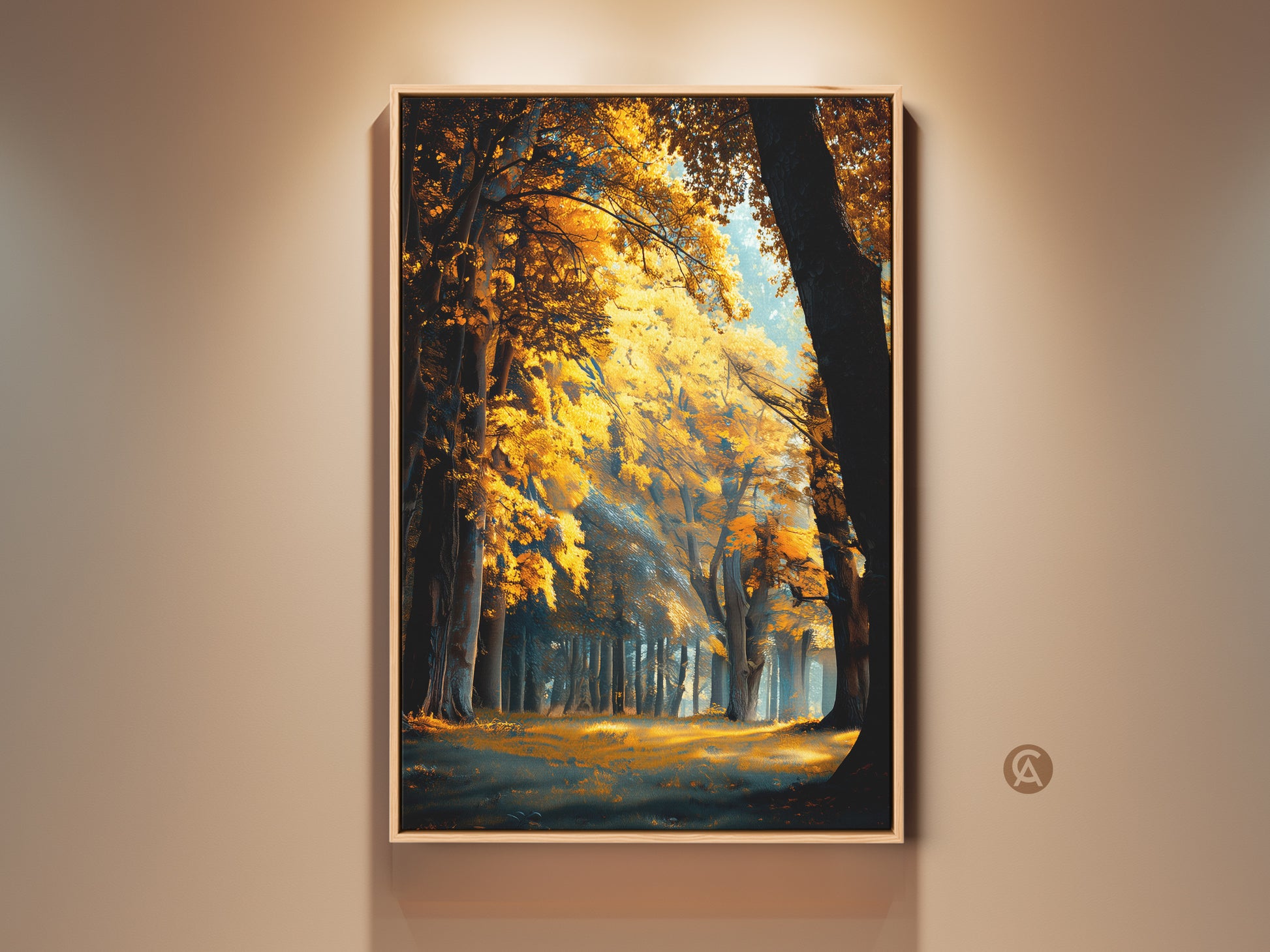 Framed forest landscape artwork. Golden light filters through the autumn trees. This wall art adds warmth to any room. Perfect for nature lovers seeking serene decor.
