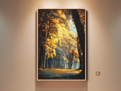 Framed forest landscape artwork. Golden light filters through the autumn trees. This wall art adds warmth to any room. Perfect for nature lovers seeking serene decor.