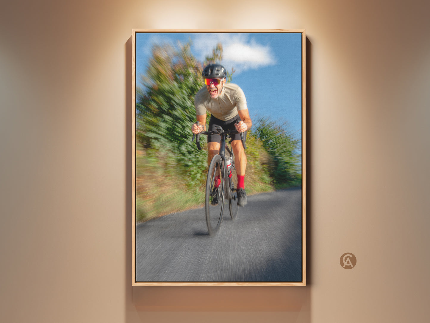 Framed contemporary cyclist canvas print. This motion blur road action art adds energy to any space. Blue grey wall decor is perfect for office and gym settings. A unique gift for cyclists who appreciate action photography wall art.