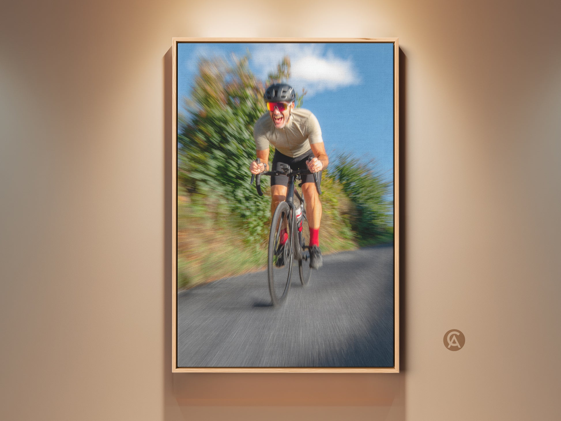 Framed contemporary cyclist canvas print. This motion blur road action art adds energy to any space. Blue grey wall decor is perfect for office and gym settings. A unique gift for cyclists who appreciate action photography wall art.