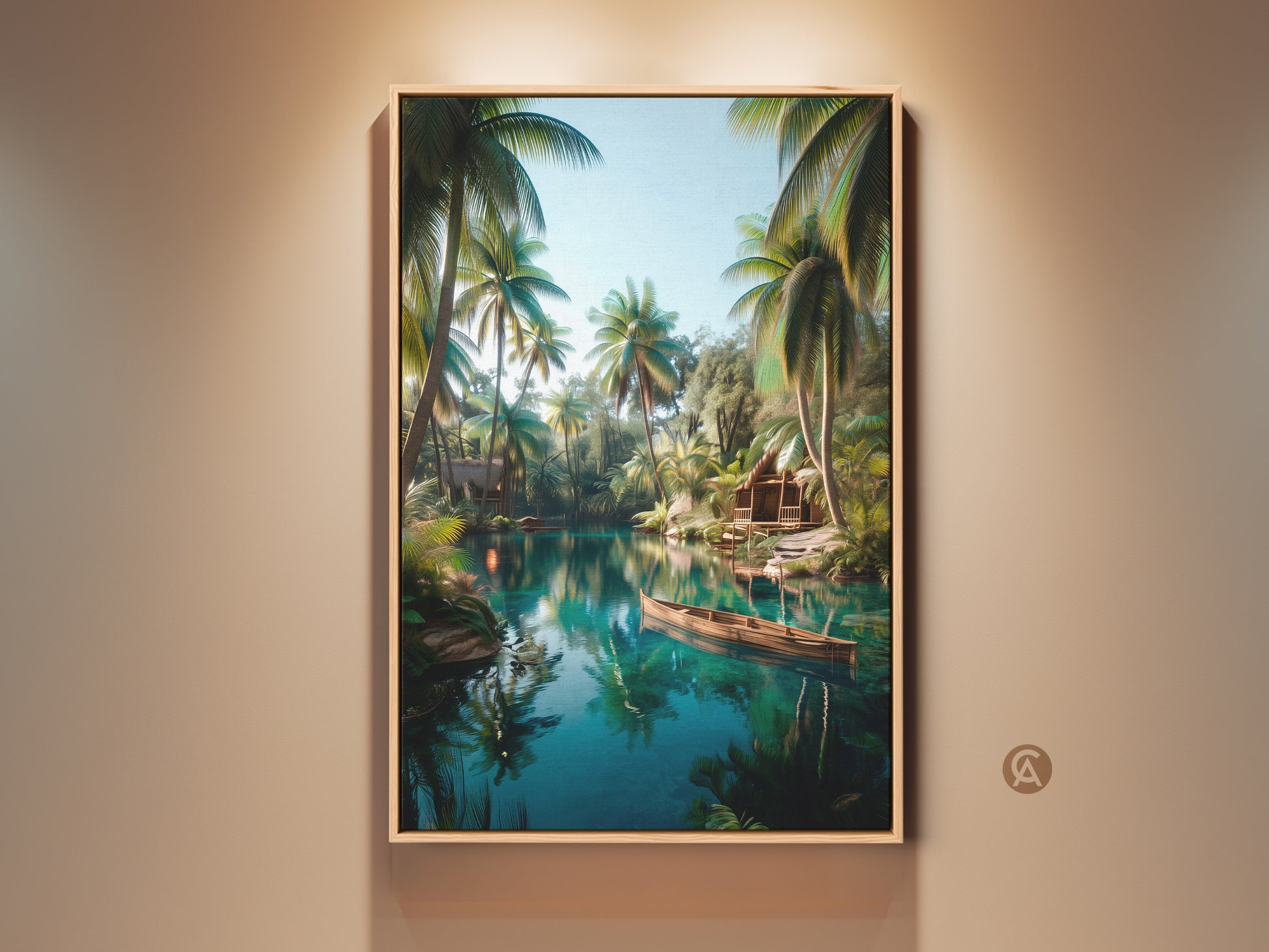 A framed tropical lake art print hangs on a wall. The artwork features a serene lake surrounded by palm trees and lush greenery. A small wooden boat floats peacefully on the water creating a tranquil scene. This wall art is perfect for adding a touch of nature to any room.