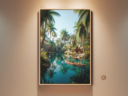 A framed tropical lake art print hangs on a wall. The artwork features a serene lake surrounded by palm trees and lush greenery. A small wooden boat floats peacefully on the water creating a tranquil scene. This wall art is perfect for adding a touch of nature to any room.
