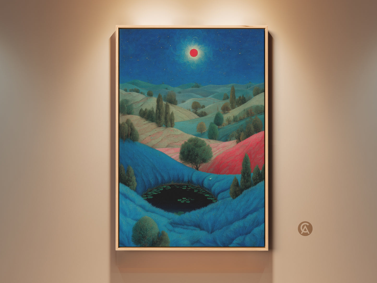 Stunning surreal landscape canvas art print. It shows fantasy hills and a pond under a starry blue sky with a red sun. Perfect eclectic bedroom wall decor. It makes a great housewarming gift for art lovers.
