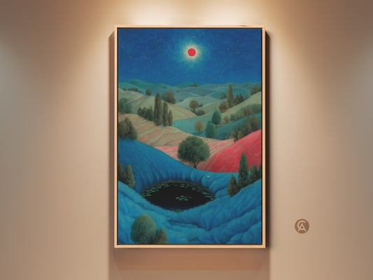 Stunning surreal landscape canvas art print. It shows fantasy hills and a pond under a starry blue sky with a red sun. Perfect eclectic bedroom wall decor. It makes a great housewarming gift for art lovers.