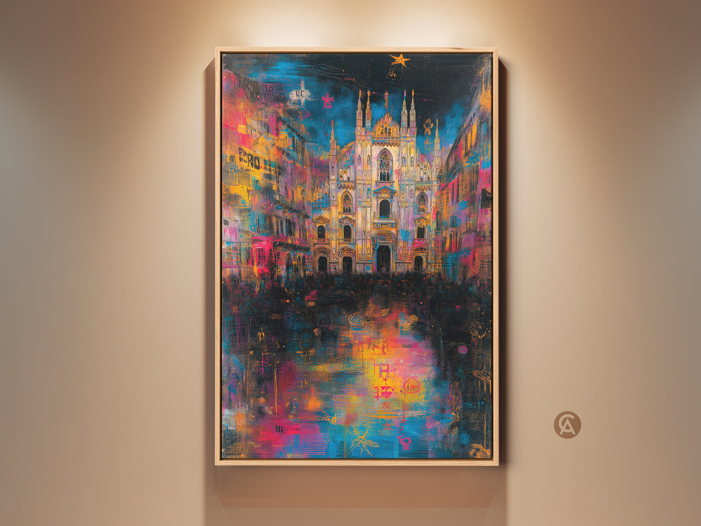 Milan Cathedral artwork displayed in a floating frame. The canvas art features museum quality construction. The artwork adds a touch of color and sophistication to any space. Ready to hang and enjoy.