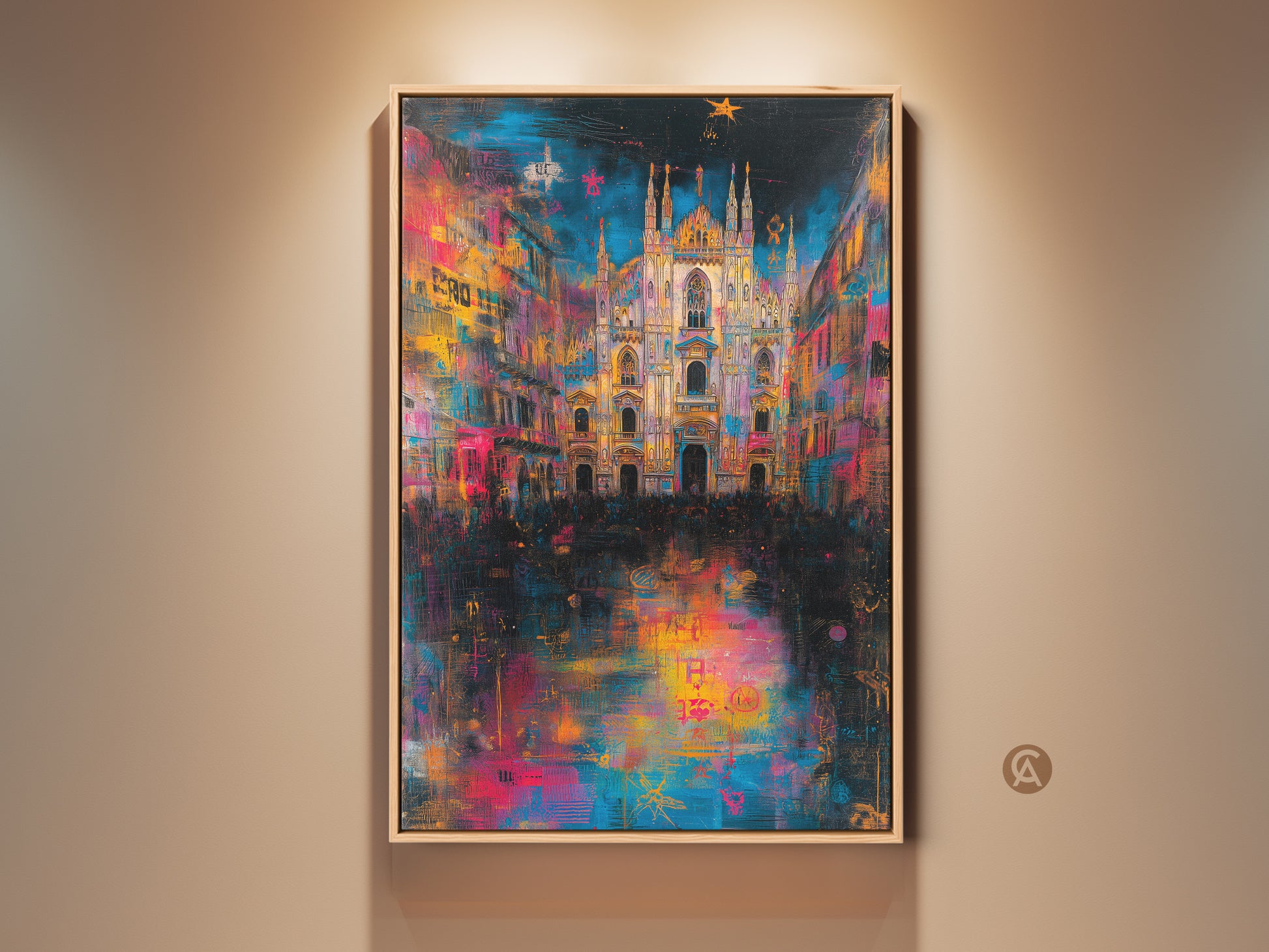 Milan Cathedral artwork displayed in a floating frame. The canvas art features museum quality construction. The artwork adds a touch of color and sophistication to any space. Ready to hang and enjoy.
