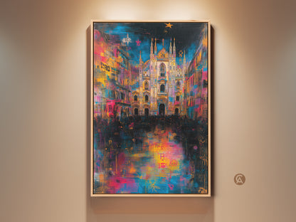 Milan Cathedral artwork displayed in a floating frame. The canvas art features museum quality construction. The artwork adds a touch of color and sophistication to any space. Ready to hang and enjoy.