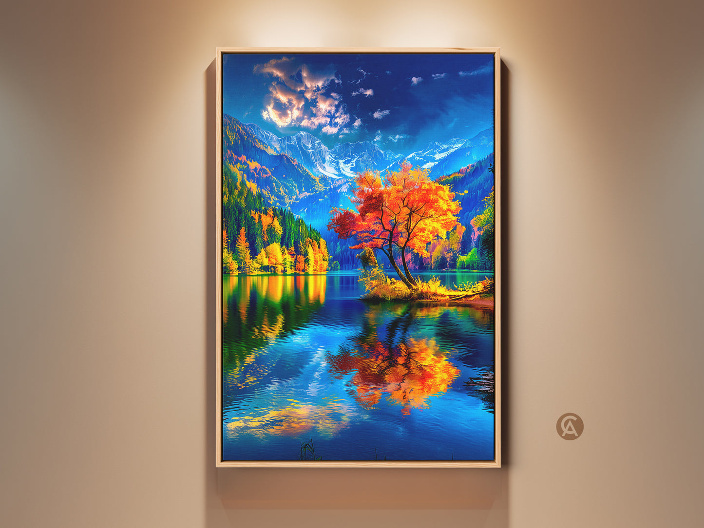 Experience the allure of autumn with this framed canvas print. A vibrant orange tree stands against a backdrop of snow-capped mountains and a serene lake. The artwork brings nature's beauty indoors. Perfect for adding a touch of seasonal charm to your home decor. Shop now and transform your space