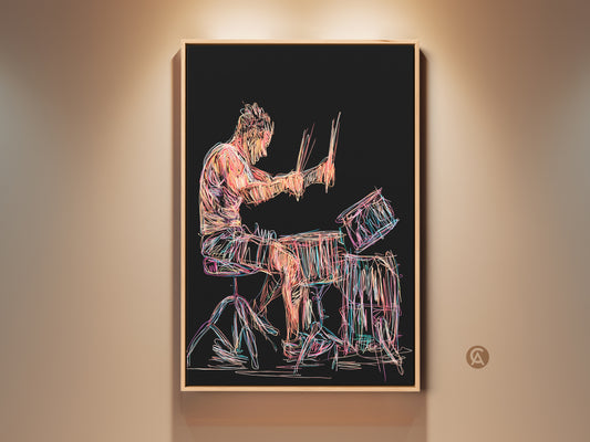 Musician Canvas Print featuring a drummer in colorful line art. This contemporary sketch style artwork adds a vibrant touch to any music room decor. A perfect gift for drummers showcase energetic performance art in orange yellow and pink hues.