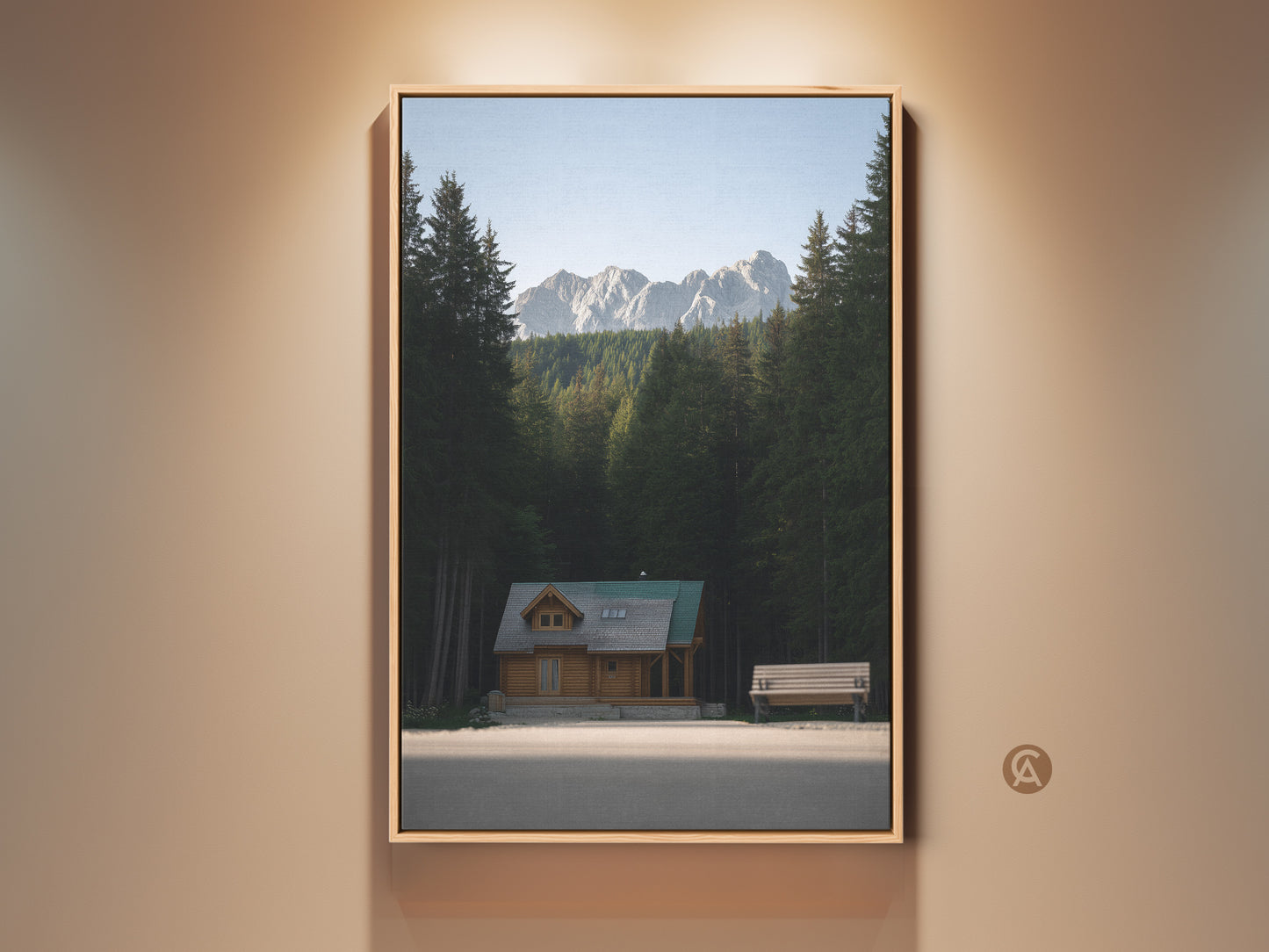 Mountain Cabin Canvas Print for rustic nature decor. The forest landscape wall art brings outdoor charm to any room. A serene log cabin is nestled in a forest with mountains. It is a great housewarming present.