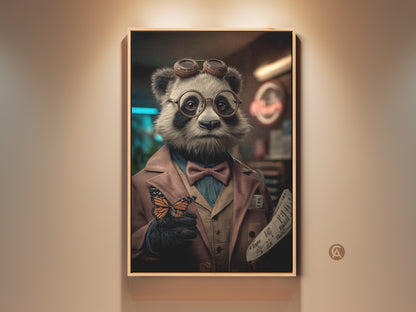 Stretched canvas featuring a Steampunk Panda art print. The artwork shows a panda with goggles and a butterfly on its hand. It is ready to hang a great addition to eclectic home decor. Gallery wrapped with mirrored edges complements any office or study room.