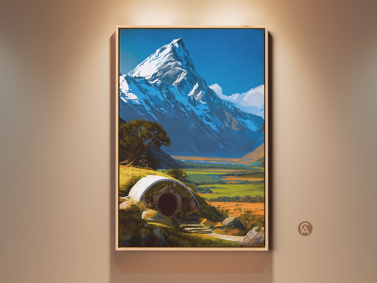 Cozy Hobbit Hole art print nestled at the foot of a snowy mountain. The digital painting style showcases a vibrant fantasy landscape. This unique artwork adds whimsical charm to your home decor. Perfect as wall art for your bedroom or living space. A special housewarming gift for fantasy lovers.