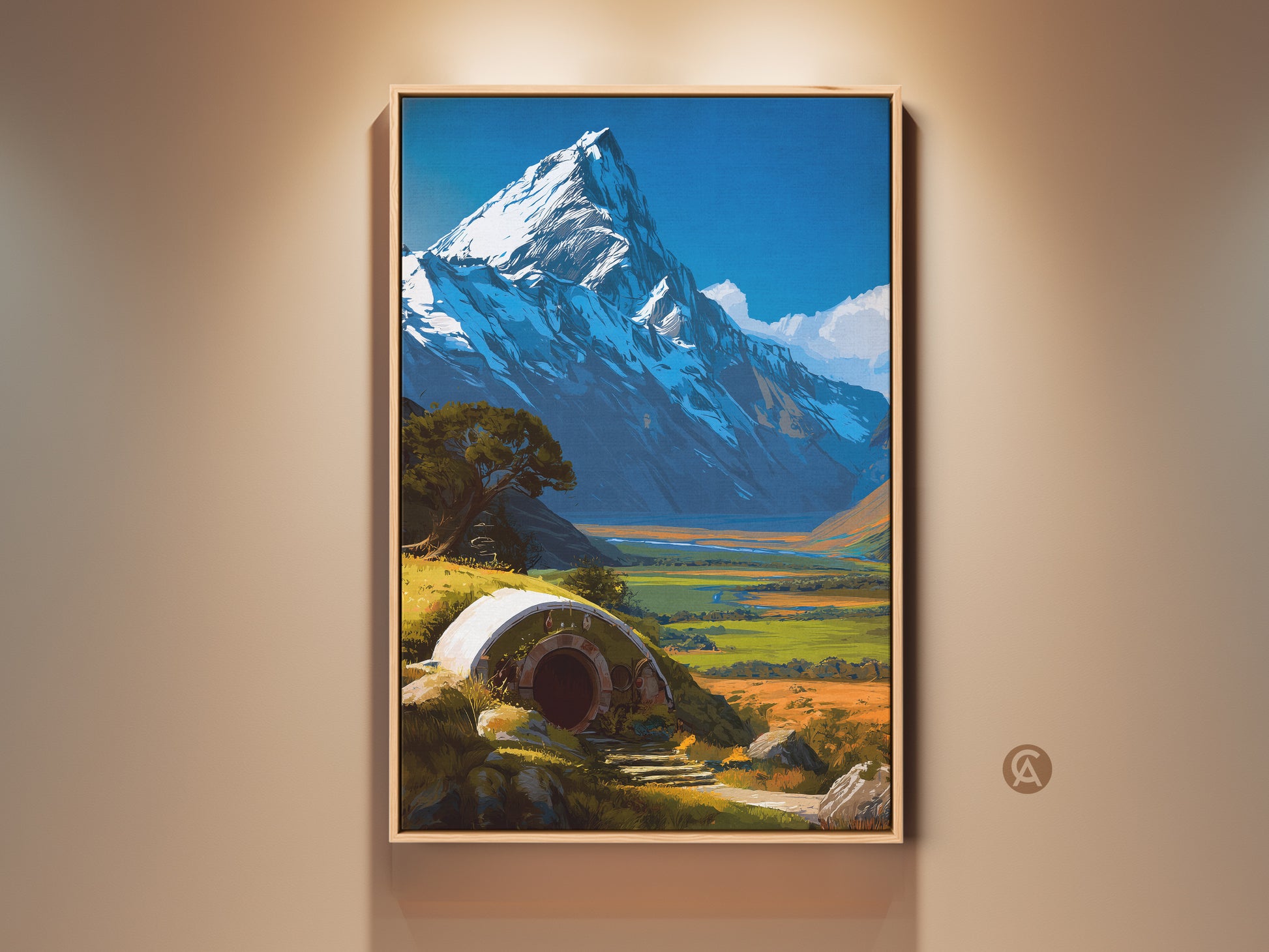 Cozy Hobbit Hole art print nestled at the foot of a snowy mountain. The digital painting style showcases a vibrant fantasy landscape. This unique artwork adds whimsical charm to your home decor. Perfect as wall art for your bedroom or living space. A special housewarming gift for fantasy lovers.