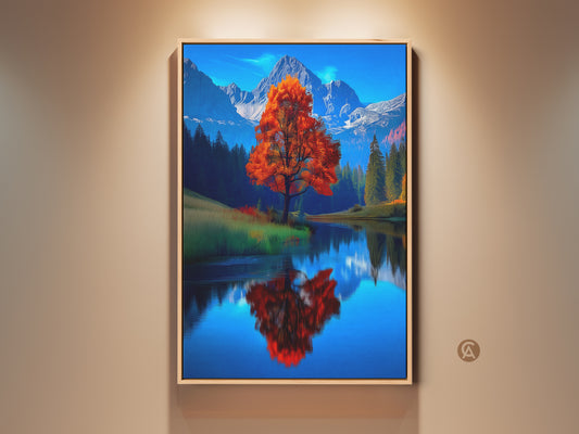 Fall landscape canvas print featuring an orange tree by a mountain lake. The blue sky reflection adds depth to this contemporary nature artwork. Ideal for bedroom decor or a home office nature print. This vivid orange tree artwork brings the beauty of autumn indoors. A perfect housewarming gift for nature lovers seeking modern landscape wall hanging.