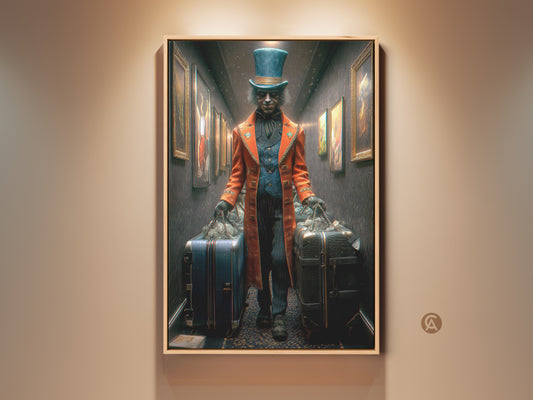 Surreal man with luggage art print. Vintage travel wall decor in orange teal and blue. This eclectic artwork features a man in a top hat with suitcases. Perfect housewarming gift for the travel enthusiast. A unique home decor art piece.