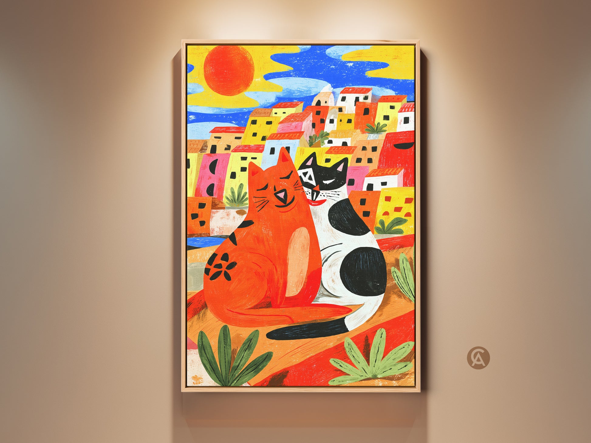 Charming naive style artwork features two cats. They are nestled in a Mediterranean town under a bright sun. The art is a canvas print in a wooden frame. It adds a unique artistic touch to any room. Perfect for cat lovers and boho decor.