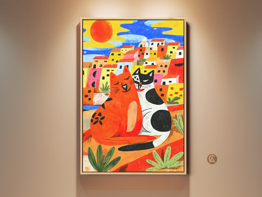 Charming naive style artwork features two cats. They are nestled in a Mediterranean town under a bright sun. The art is a canvas print in a wooden frame. It adds a unique artistic touch to any room. Perfect for cat lovers and boho decor.