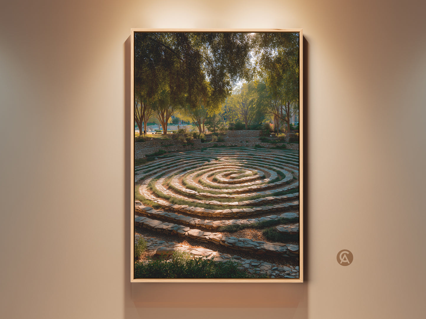 Stone Steps Garden Maze Canvas Print in a wooden frame. A biophilic landscape artwork in gold brown and green tones enhances residential decor. The tranquil garden print brings nature indoors ideal for entry halls or as a thoughtful housewarming gift adding organic elegance.