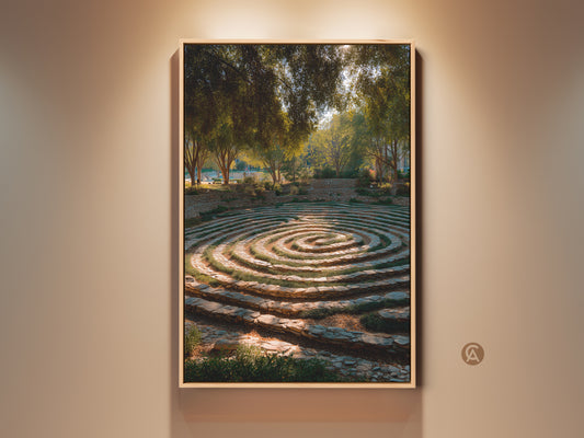 Stone Steps Garden Maze Canvas Print in a wooden frame. A biophilic landscape artwork in gold brown and green tones enhances residential decor. The tranquil garden print brings nature indoors ideal for entry halls or as a thoughtful housewarming gift adding organic elegance.