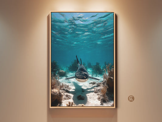 Realistic shark art print graces a beige wall. The coastal blue teal artwork captures a shark swimming underwater. This marine life home decor is perfect for ocean lovers and beach house wall art. A stunning piece for nautical bedroom decor.
