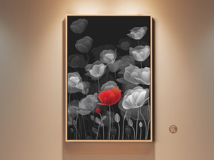 Modern botanical art print on a wall. The red poppy line art contrasts beautifully with the black and white floral canvas. This chic home decor gift adds a touch of sophistication. The minimalist style complements any room. Perfect for plant lovers wanting contemporary red accent art. A fine line drawing poppy print for elegant home decor.