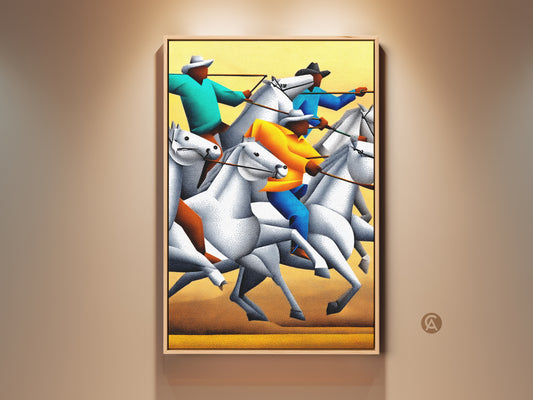 Stippled western horse rider canvas art is featured. Eclectic home decor print showcases animal action in a dynamic display. This colorful abstract horse artwork has yellow teal and orange hues. Perfect as a unique western gift or housewarming wall hanging. Add a narrative and artistic touch to any home.
