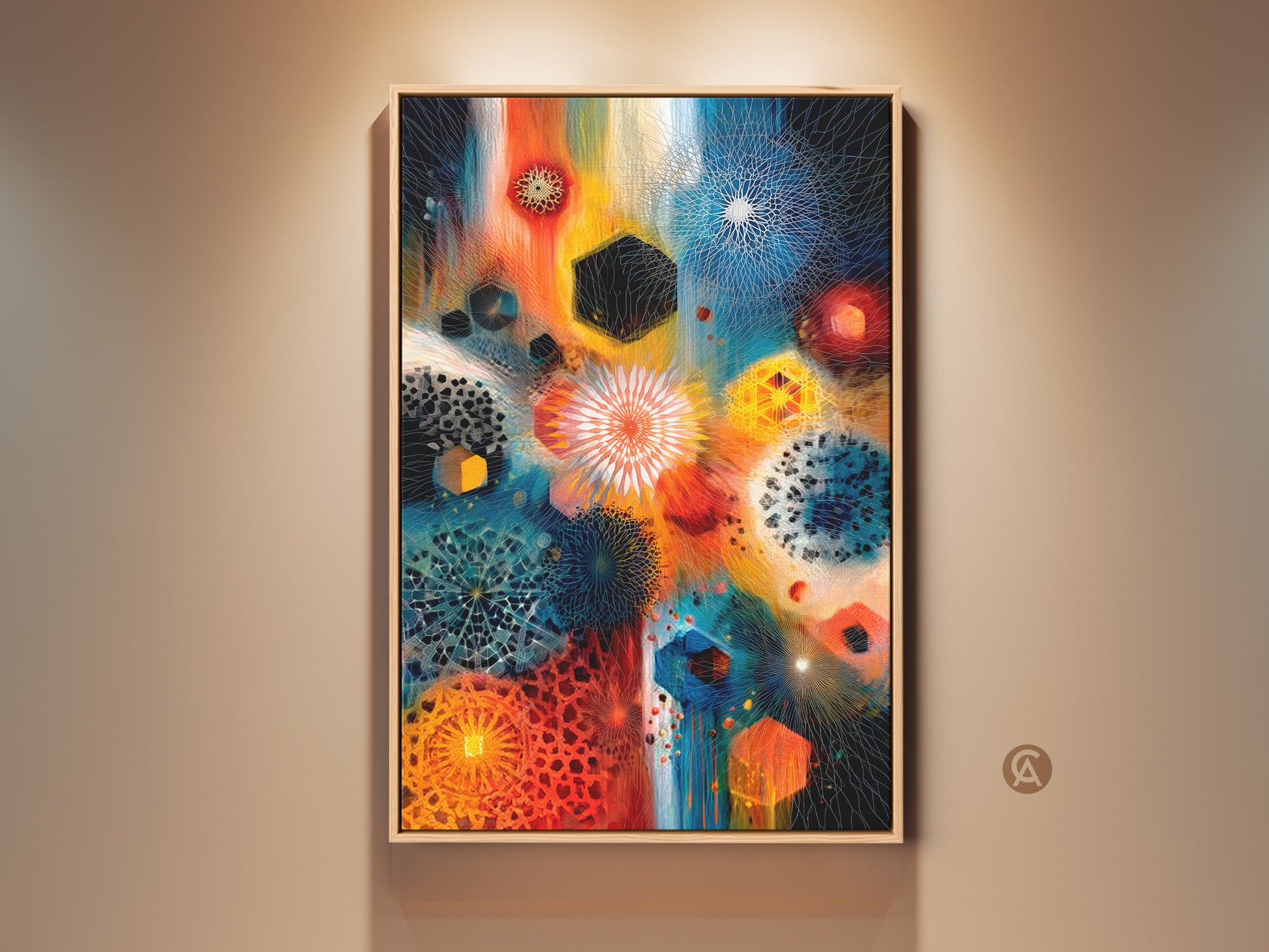 Framed geometric abstract wall art on canvas. This contemporary artwork features orange blue and teal mandala elements. This eclectic piece is perfect for adding a modern touch to your office or home. Get this unique housewarming gift today