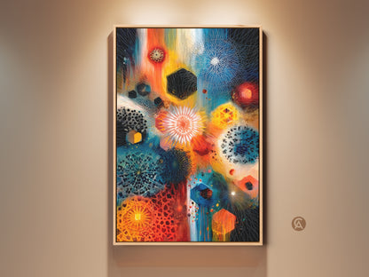 Framed geometric abstract wall art on canvas. This contemporary artwork features orange blue and teal mandala elements. This eclectic piece is perfect for adding a modern touch to your office or home. Get this unique housewarming gift today