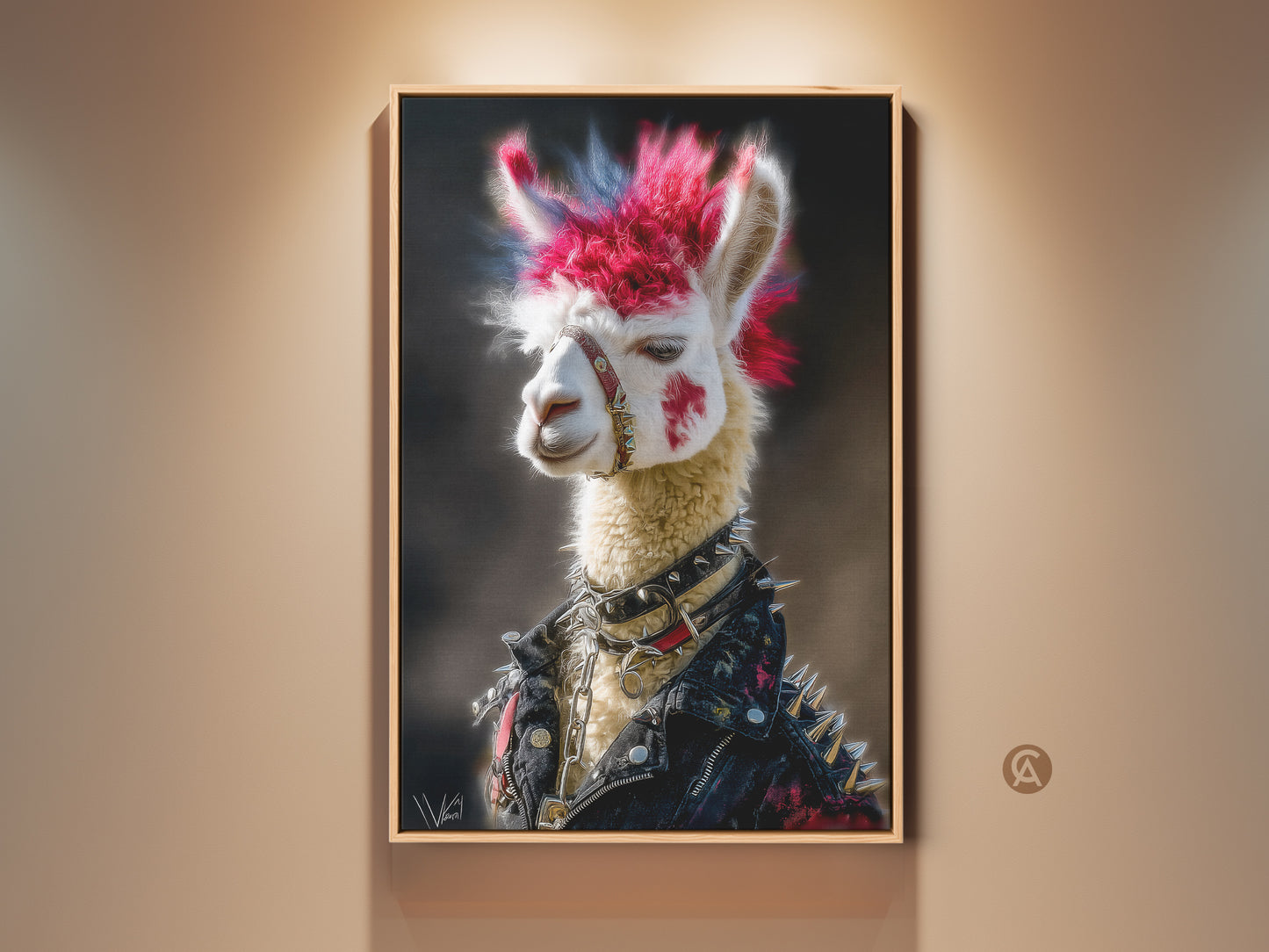 Framed Punk Llama art displayed in a room setting. This artwork features a Rocker Alpaca with a pink and blue mohawk. The Llama wears a studded jacket. This gothic animal portrait adds an eclectic touch to any living room or man cave.
