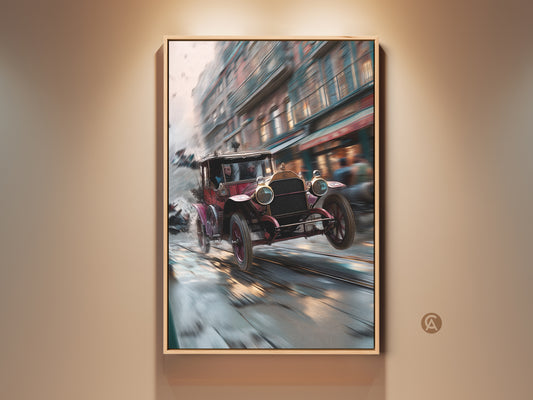 Framed artwork of a vintage car speeding through a city street. The artwork has a modern art style with dynamic motion. Perfect wall art for car lovers. The car is red and black.