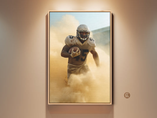 This canvas art features a football player in action. The artwork showcases tan brown and golden yellow tones. This modern sports wall decor is a perfect gift for any sports fan or athlete. Add dynamic energy to your space with this compelling canvas art.