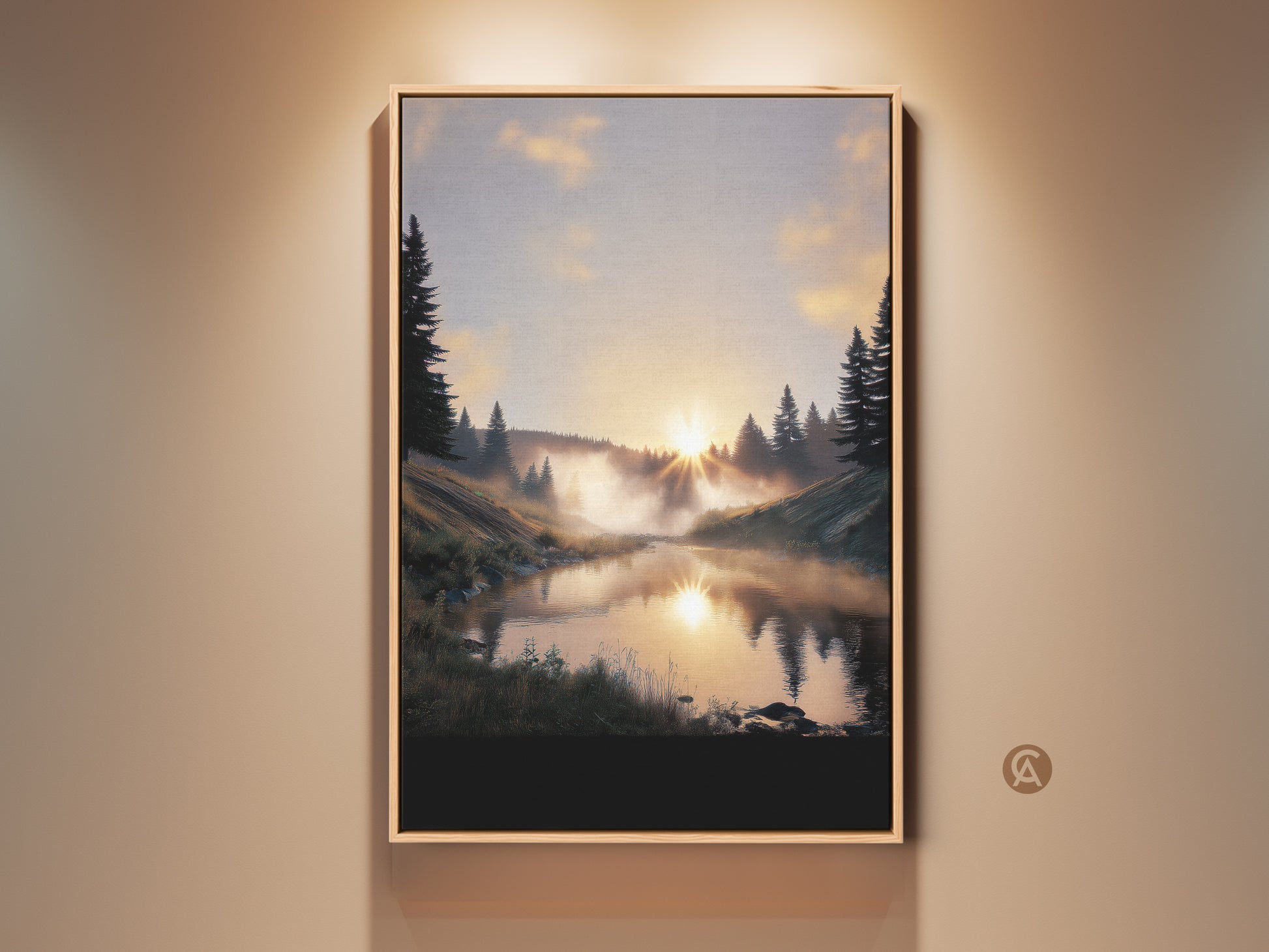 Framed rustic forest sunrise canvas print. The misty river landscape wall art has warm tones. This nature artwork creates a serene atmosphere. It is a perfect gift for outdoor enthusiasts.