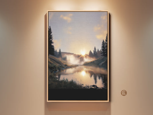 Framed rustic forest sunrise canvas print. The misty river landscape wall art has warm tones. This nature artwork creates a serene atmosphere. It is a perfect gift for outdoor enthusiasts.