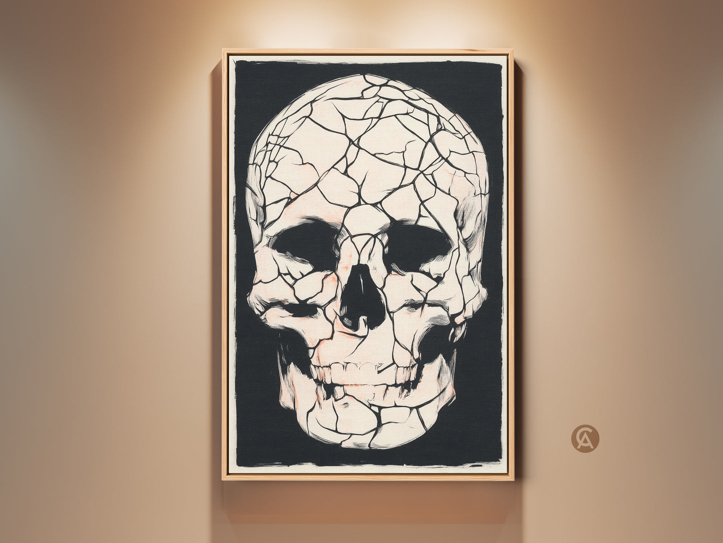 Framed gothic cracked skull artwork hangs on a beige wall. Macabre skull canvas art adds an eclectic touch to the room. The black red and white print is perfect for dark academia decor or Halloween spooky wall art. Consider this unique macabre artwork as a gift.