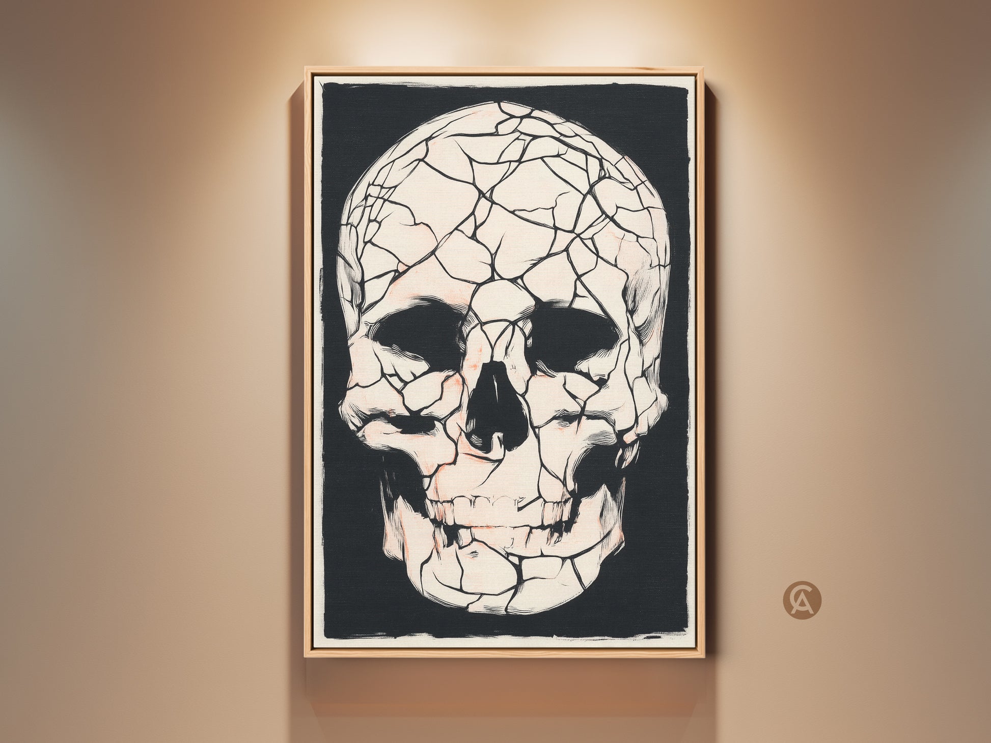 Framed gothic cracked skull artwork hangs on a beige wall. Macabre skull canvas art adds an eclectic touch to the room. The black red and white print is perfect for dark academia decor or Halloween spooky wall art. Consider this unique macabre artwork as a gift.