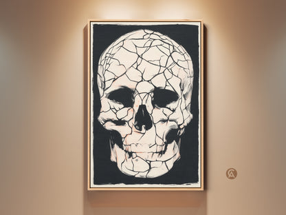 Framed gothic cracked skull artwork hangs on a beige wall. Macabre skull canvas art adds an eclectic touch to the room. The black red and white print is perfect for dark academia decor or Halloween spooky wall art. Consider this unique macabre artwork as a gift.